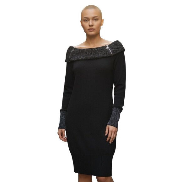 No Boundaries Black Sweater Dress M Off-Shoulder Style Metallic Cuff Detail Poly - Picture 1 of 8
